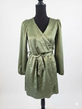 River Island Olive Green Satin-Effect Wrap Mini Dress